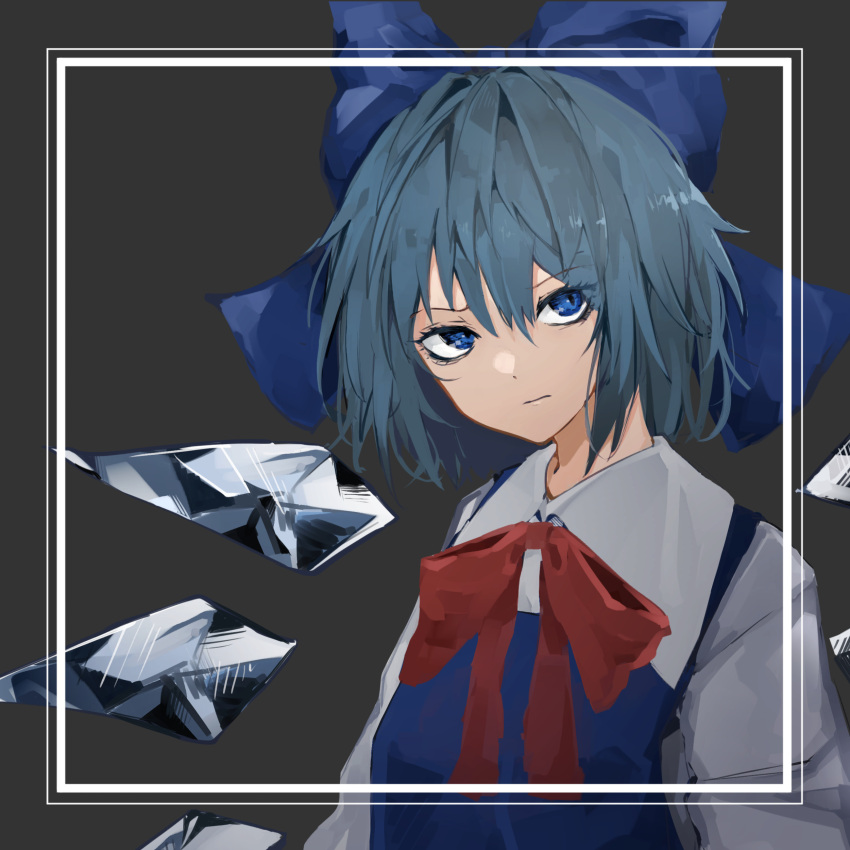 1girl absurdres blue_bow blue_dress blue_eyes blue_hair border bow cirno collared_shirt dress eyebrows_visible_through_hair eyes_visible_through_hair frown grey_background hair_bow highres hisha_(kan_moko) ice ice_wings long_sleeves looking_to_the_side neck_ribbon red_neckwear ribbon shiny shiny_hair shirt short_hair sidelocks simple_background solo touhou tsurime upper_body white_border white_shirt wing_collar wings