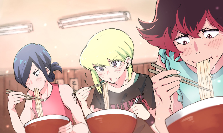 3boys blonde_hair blue_hair blush bowl casual chopsticks earrings eating food gueira hair_over_one_eye hair_up highres holding holding_chopsticks jewelry kannoiimituhiko lio_fotia long_hair mad_burnish male_focus meis_(promare) multiple_boys noodles open_mouth ponytail promare ramen redhead smile steam table