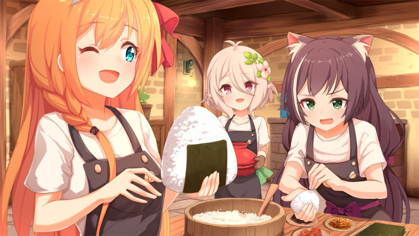 3girls ;d ame. animal_ear_fluff animal_ears antenna_hair apron black_apron blue_eyes blush bow braid brick_wall brown_hair cat_ears commentary_request fang flower food green_eyes hair_bow hair_flower hair_ornament hair_ribbon holding holding_food indoors kokkoro_(princess_connect!) kyaru_(princess_connect) long_hair multicolored_hair multiple_girls one_eye_closed onigiri open_mouth oven_mitts pecorine princess_connect! princess_connect!_re:dive purple_bow purple_hair red_ribbon ribbon rice shirt short_sleeves side_braid silver_hair single_braid smile streaked_hair very_long_hair violet_eyes white_flower white_hair white_shirt