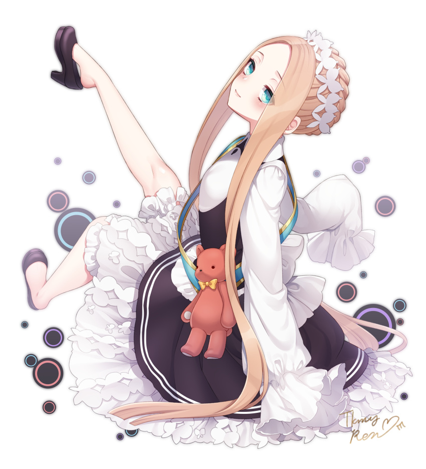 1girl abigail_williams_(fate/grand_order) absurdres bangs black_dress black_footwear blonde_hair bloomers blue_eyes blush braid butterfly_hair_ornament closed_mouth commentary_request dress fate/grand_order fate_(series) forehead full_body hair_ornament heroic_spirit_chaldea_park_outfit highres keyhole leg_up light_smile long_hair long_sleeves looking_at_viewer looking_to_the_side no_socks parted_bangs shirt shoes sidelocks signature sitting sleeveless sleeveless_dress sleeves_past_fingers sleeves_past_wrists solo stuffed_animal stuffed_toy takamiya_ren teddy_bear underwear very_long_hair white_background white_bloomers white_shirt