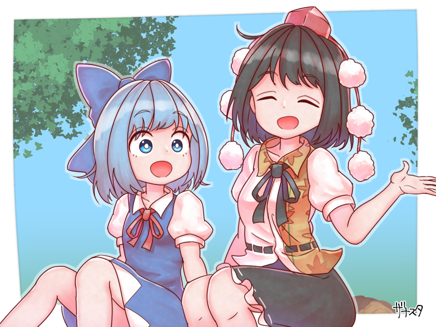 2girls :d arm_up artist_name bangs belt black_hair black_skirt blue_dress blue_eyes blue_hair blue_sky bright_pupils cirno closed_eyes commentary day dress eyebrows_visible_through_hair facing_viewer feet_out_of_frame hat highres knees_up leaf_print looking_at_another multiple_girls open_hand open_mouth outdoors petticoat pinafore_dress pom_pom_(clothes) puffy_short_sleeves puffy_sleeves red_headwear red_neckwear red_ribbon ribbon shameimaru_aya shirt short_hair short_sleeves sitting skirt sky smile tokin_hat touhou tree two-tone_shirt untucked_shirt white_pupils white_shirt wide-eyed zanasta0810