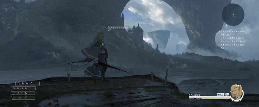 1girl absurdres achievement_unlocked asuteroid bad_id bad_twitter_id blonde_hair building cape clouds cloudy_sky commentary_request cornea_(asuteroid) day from_side grass hair_over_eyes heads-up_display health_bar highres holding holding_sword holding_weapon horizon long_hair minimap neon_trim original outdoors scenery sky solo standing sword translation_request tree user_interface water weapon