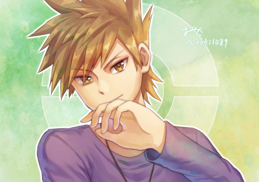 1boy brown_eyes brown_hair closed_mouth jewelry long_sleeves looking_at_viewer male_focus necklace ooki1089 ookido_green pokemon pokemon_(game) pokemon_rgby purple_shirt shiny shiny_hair shirt short_hair smile solo twitter_username