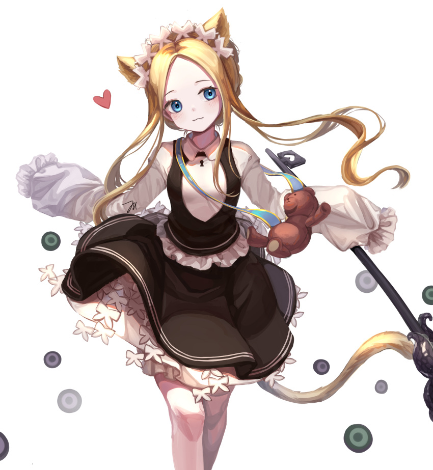 1girl abigail_williams_(fate/grand_order) animal_ears bangs black_dress blonde_hair bloomers blue_eyes blush braid breasts butterfly_hair_ornament cat_ears cat_girl cat_tail closed_mouth commentary_request dress fate/grand_order fate_(series) forehead hair_ornament head_tilt heart highres kemonomimi_mode keyhole long_hair long_sleeves pantyhose parted_bangs shirt simple_background sleeveless sleeveless_dress sleeves_past_fingers sleeves_past_wrists small_breasts smile solo stuffed_animal stuffed_toy sun_miru tail teddy_bear tentacles underwear very_long_hair white_background white_bloomers white_legwear white_shirt
