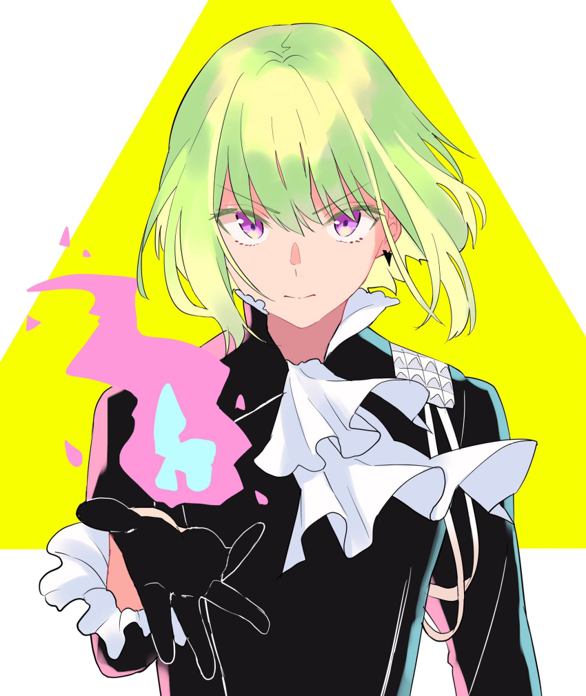 1boy black_gloves black_jacket blonde_hair cravat earrings fire gloves green_hair half_gloves highres jacket jewelry lio_fotia looking_at_viewer lq_saku male_focus outstretched_hand promare solo violet_eyes