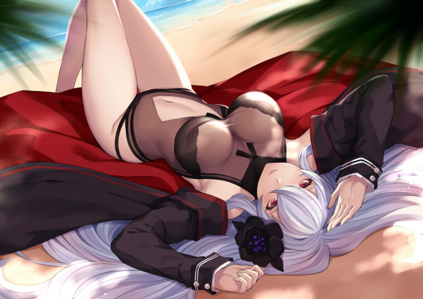 1girl arms_up azur_lane bangs bare_legs bare_shoulders beach black_footwear black_jacket blue_hair blue_sky blurry blurry_background breasts brown_swimsuit casual_one-piece_swimsuit closed_mouth day depth_of_field eyebrows_visible_through_hair flower graf_zeppelin_(azur_lane) graf_zeppelin_(beachside_urd)_(azur_lane) hair_between_eyes hair_flower hair_ornament hair_spread_out horizon jacket knees_up large_breasts long_hair long_sleeves looking_at_viewer lying navel navel_cutout ocean on_back one-piece_swimsuit open_clothes open_jacket outdoors pak_ce red_eyes sand see-through sky solo swimsuit very_long_hair water