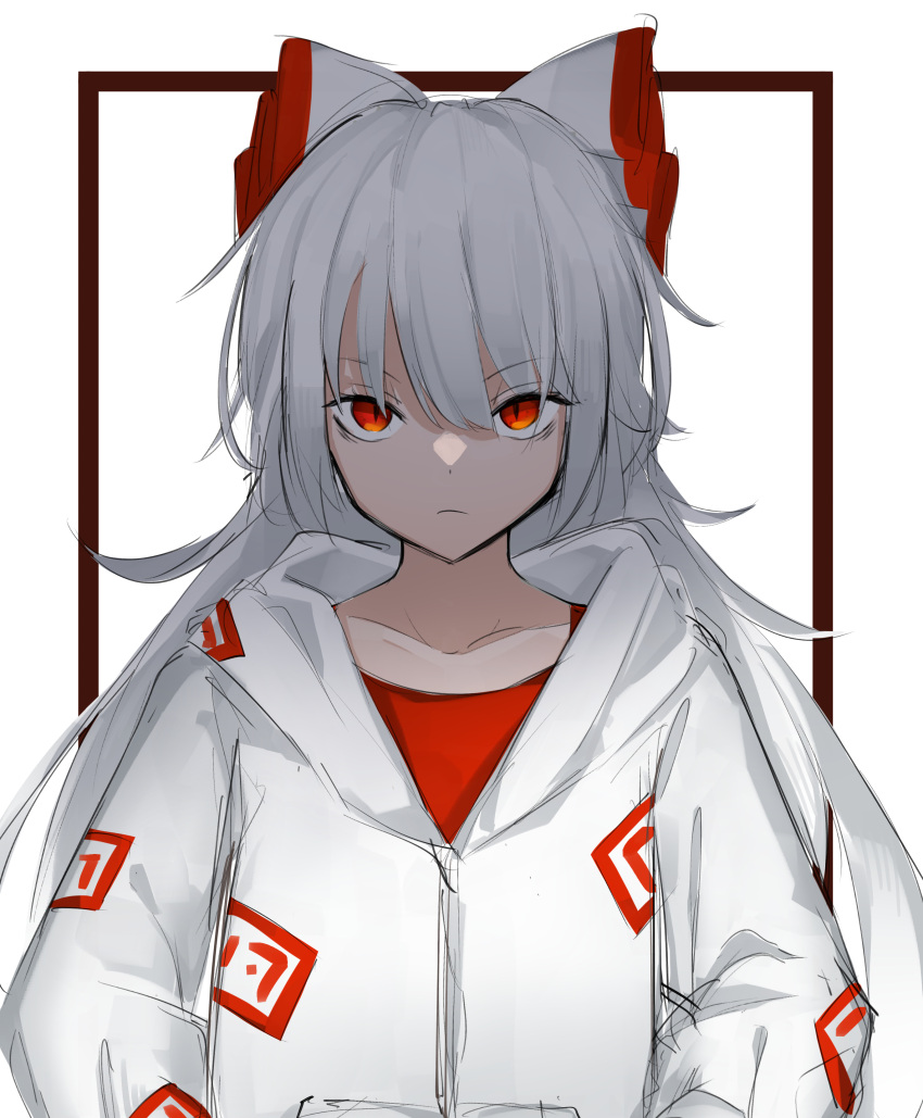 1girl :/ absurdres alternate_costume bangs border bow collarbone eyebrows_visible_through_hair fujiwara_no_mokou hair_between_eyes hair_bow hands_in_pockets highres hisha_(kan_moko) hood hoodie long_hair looking_at_viewer ofuda orange_eyes red_eyes red_shirt shirt simple_background sketch slit_pupils solo touhou tsurime upper_body very_long_hair white_background white_bow white_hair zipper