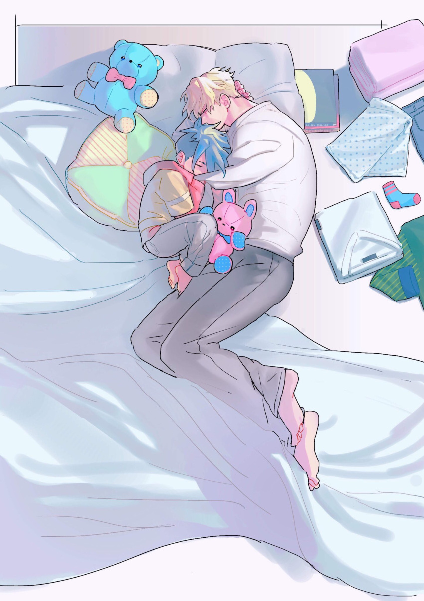 amputee bed blonde_hair blue_hair child closed_eyes folded_clothes galo_thymos highres hood hoodie kray_foresight long_sleeves male_focus messy_hair pants pillow promare pupupufire shirt short_hair sleeping spiky_hair stuffed_animal stuffed_toy younger