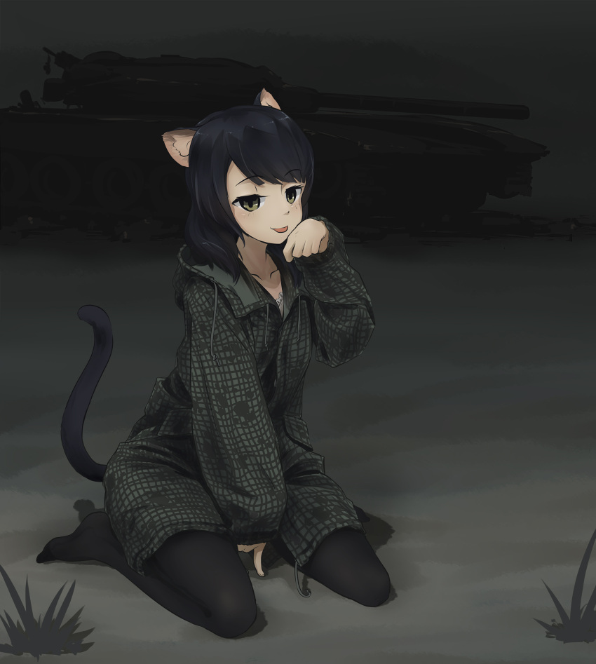 1girl animal_ears black_hair camouflage cat_ears cat_girl cat_tail eyebrows_visible_through_hair ground_vehicle highres looking_at_viewer medium_hair military military_vehicle motor_vehicle no_shoes original pantyhose paw_pose sitting solo tail tank tantu_(tc1995) tongue tongue_out wariza
