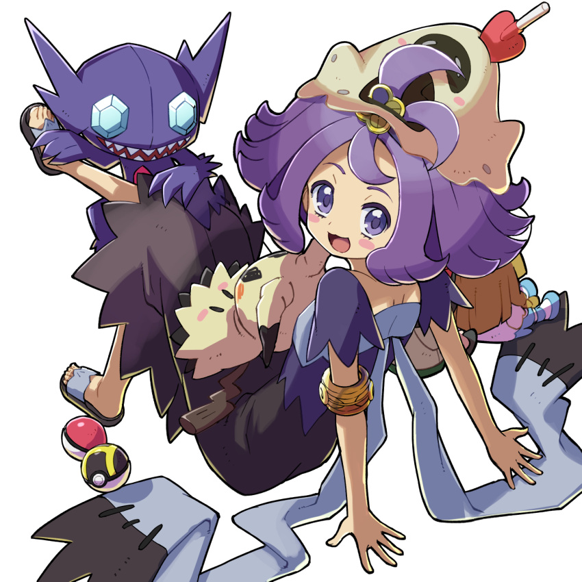 1girl :d acerola_(pokemon) armlet blush_stickers character_doll commentary_request dress elite_four from_behind full_body gen_3_pokemon gen_7_pokemon hair_ornament highres kingin lillie_(pokemon) looking_at_viewer looking_back mimikyu mizuki_(pokemon) open_mouth poke_ball poke_ball_(generic) pokemon pokemon_(creature) pokemon_(game) pokemon_on_head pokemon_sm purple_hair sableye sandals sandygast short_hair simple_background sitting smile topknot trial_captain ultra_ball violet_eyes white_background