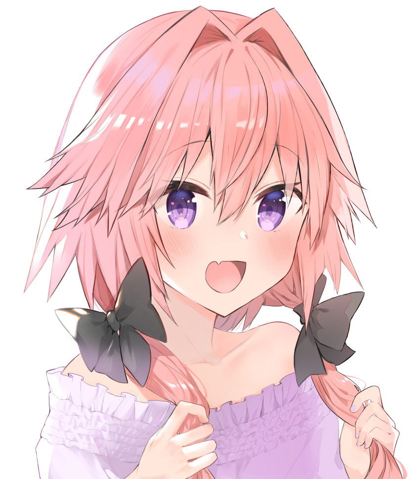 1boy :d absurdres alternate_costume alternate_hairstyle astolfo_(fate) bangs bare_shoulders black_bow blush bow collarbone commentary_request eyebrows_visible_through_hair fate/apocrypha fate/grand_order fate_(series) hair_between_eyes hair_bow hair_intakes hair_over_shoulder highres holding holding_hair kusumoto_touka long_hair looking_at_viewer low_twintails male_focus off-shoulder_shirt off_shoulder open_mouth otoko_no_ko pink_hair portrait purple_nails purple_shirt shiny shiny_hair shirt simple_background smile solo twintails type-moon violet_eyes white_background