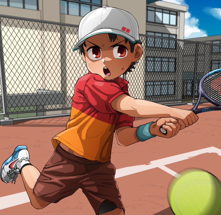 1boy ball brown_hair fence highres kaminosaki1 open_mouth original outdoors racket red_eyes shoes shorts sneakers sportswear sweatdrop tennis tennis_ball tennis_court tennis_racket tennis_uniform