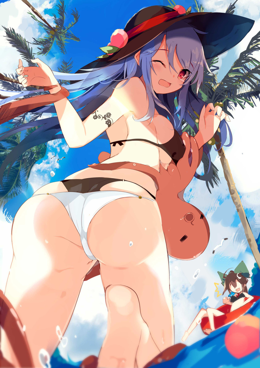 /\/\/\ 2girls ass bangs bare_arms bare_legs bare_shoulders barefoot beach bikini black_bikini black_headwear blue_hair blue_sky bow breasts brown_hair clouds commentary_request cowboy_shot crab day eyebrows_visible_through_hair food from_behind fruit green_bow hair_between_eyes highres hinanawi_tenshi innertube large_breasts layered_bikini leaf long_hair looking_at_viewer looking_back multiple_girls ocean octopus one_eye_closed open_mouth outdoors palm_tree peach red_eyes reiuji_utsuho sidelocks sky swimsuit tears tetsurou_(fe+) thighs touhou tree twisted_torso water_drop white_bikini_bottom