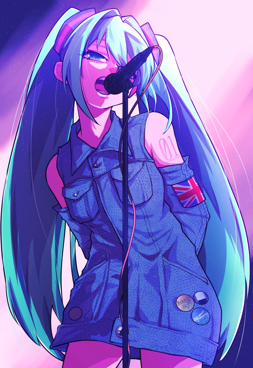1girl arms_behind_back bangs bare_shoulders blue_hair breast_pocket breasts buttons commentary cowboy_shot denim denim_dress detached_sleeves dress english_commentary expressionless eyelashes eyes_visible_through_hair flag hair_between_eyes half-closed_eyes hatsune_miku highres jipponwazaari light_particles long_hair looking_away microphone microphone_stand music number_tattoo open_mouth pin pocket shoulder_tattoo singing small_breasts solo stage_lights tattoo teeth thighs twintails union_jack very_long_hair vocaloid