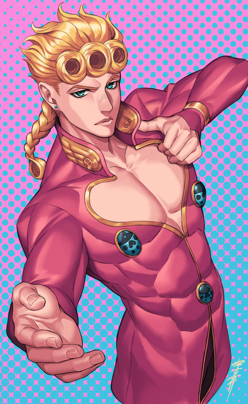 1boy absurdres blonde_hair bracelet braid closed_mouth collarbone earrings giorno_giovanna green_eyes heart_cutout highres huge_filesize jacket jewelry jojo_no_kimyou_na_bouken long_hair long_sleeves looking_at_viewer male_focus pink_jacket shiny shiny_hair single_braid solo sora_yoshitake_yuda vento_aureo