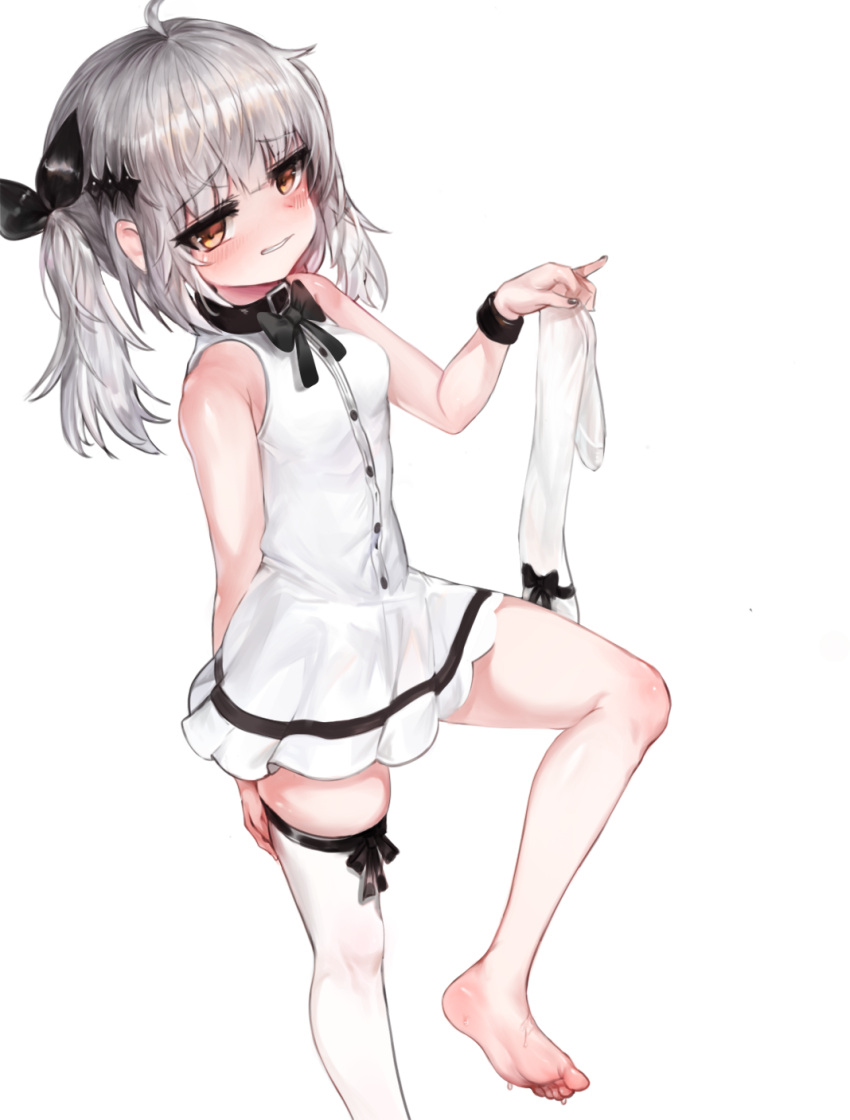 1girl ahoge bangs bare_shoulders barefoot black_bow black_ribbon blush bow breasts brown_eyes commentary_request dokomon dress eyebrows_visible_through_hair fingernails five-seven_(girls_frontline) girls_frontline grey_nails hair_ornament hair_ribbon highres holding korean_commentary looking_at_viewer parted_lips ribbon silver_hair single_thighhigh sleeveless sleeveless_dress small_breasts soles solo standing standing_on_one_leg thigh-highs thighhighs_removed twintails white_dress white_legwear