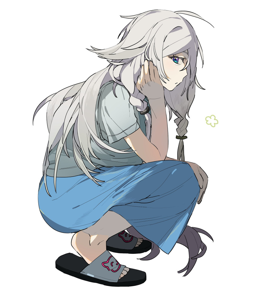 1girl blue_eyes blue_skirt braid commentary expressionless from_side hand_on_own_knee hand_on_own_neck highres ia_(vocaloid) kyototanaka54 long_hair looking_at_viewer looking_to_the_side sandals shirt silver_hair simple_background skirt solo squatting t-shirt vocaloid white_background