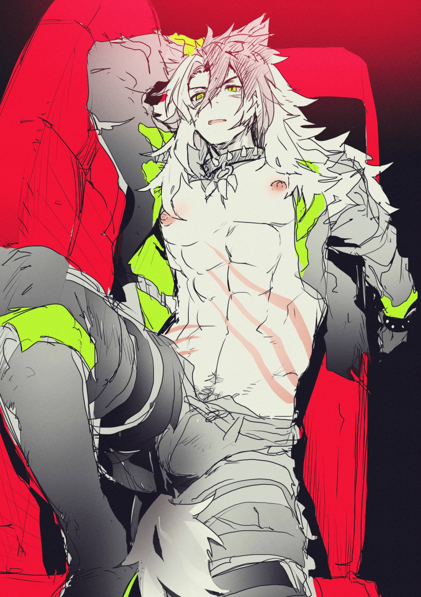 1boy abs behemoth_(megido72) collar couch fang green_eyes haiki_(tegusu) highres jacket lying male_pubic_hair megido72 multicolored_hair nipples on_back on_couch open_clothes open_jacket open_mouth pubic_hair sketch spiked_collar spikes toned toned_male two-tone_hair
