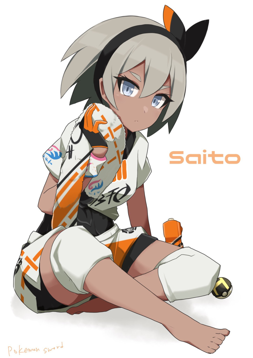 1girl barefoot black_bodysuit black_gloves black_hairband blue_eyes bodysuit character_name copyright_name crossed_legs dark_skin drink full_body gloves grey_hair hair_between_eyes hairband highres indian_style knee_pads looking_at_viewer poke_ball pokemon pokemon_(game) pokemon_swsh saitou_(pokemon) sakuragi_raia shirt short_hair short_sleeves shorts sitting solo sweat towel ultra_ball white_shirt white_shorts wristband