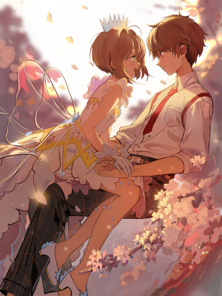 1boy 1girl absurdres antenna_hair bangs belt blurry blush breast_pocket brown_eyes brown_hair cardcaptor_sakura cherry_blossoms closed_eyes closed_mouth collared_shirt couple dress dress_shirt eye_contact from_side gloves green_eyes hetero high_heels highres holding_hand invisible_chair kinomoto_sakura li_xiaolang looking_at_another magical_girl necktie pants petals pocket profile red_eyes red_neckwear revision school_uniform see-through shirt short_hair sitting sitting_on_lap sitting_on_person sleeves_pushed_up smile tiara white_footwear white_gloves white_shirt wings yukuso_(1065762559)