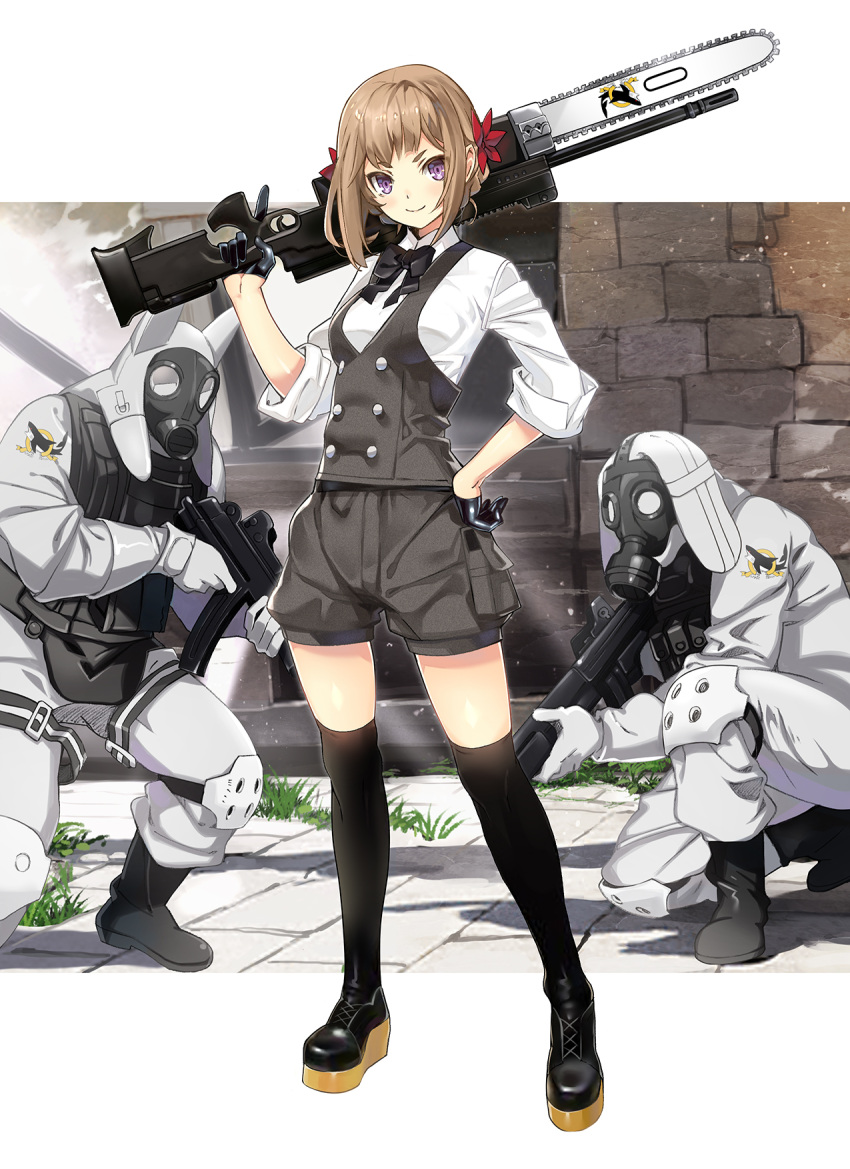 1girl 2others assault_rifle black_gloves black_legwear boots bow bowtie breasts brown_hair bulletproof_vest double-breasted flower gas_mask gloves gun hair_flower hair_ornament hand_on_hip hazmat_suit highres holding holding_gun holding_weapon kneeling looking_at_viewer mask multiple_others nyoro_(nyoronyoro000) original rifle shorts smile sniper_rifle solo_focus thigh-highs vest violet_eyes weapon