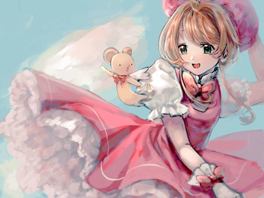 1girl :d aqua_eyes arm_up bangs blue_sky bow bowtie brown_hair cardcaptor_sakura clouds creature day dress gloves hair_intakes hat highres kero kinomoto_sakura kuroge_(kewagyuu) magical_girl open_mouth pink_dress pink_headwear puffy_short_sleeves puffy_sleeves red_bow red_neckwear short_hair short_sleeves sky smile white_gloves