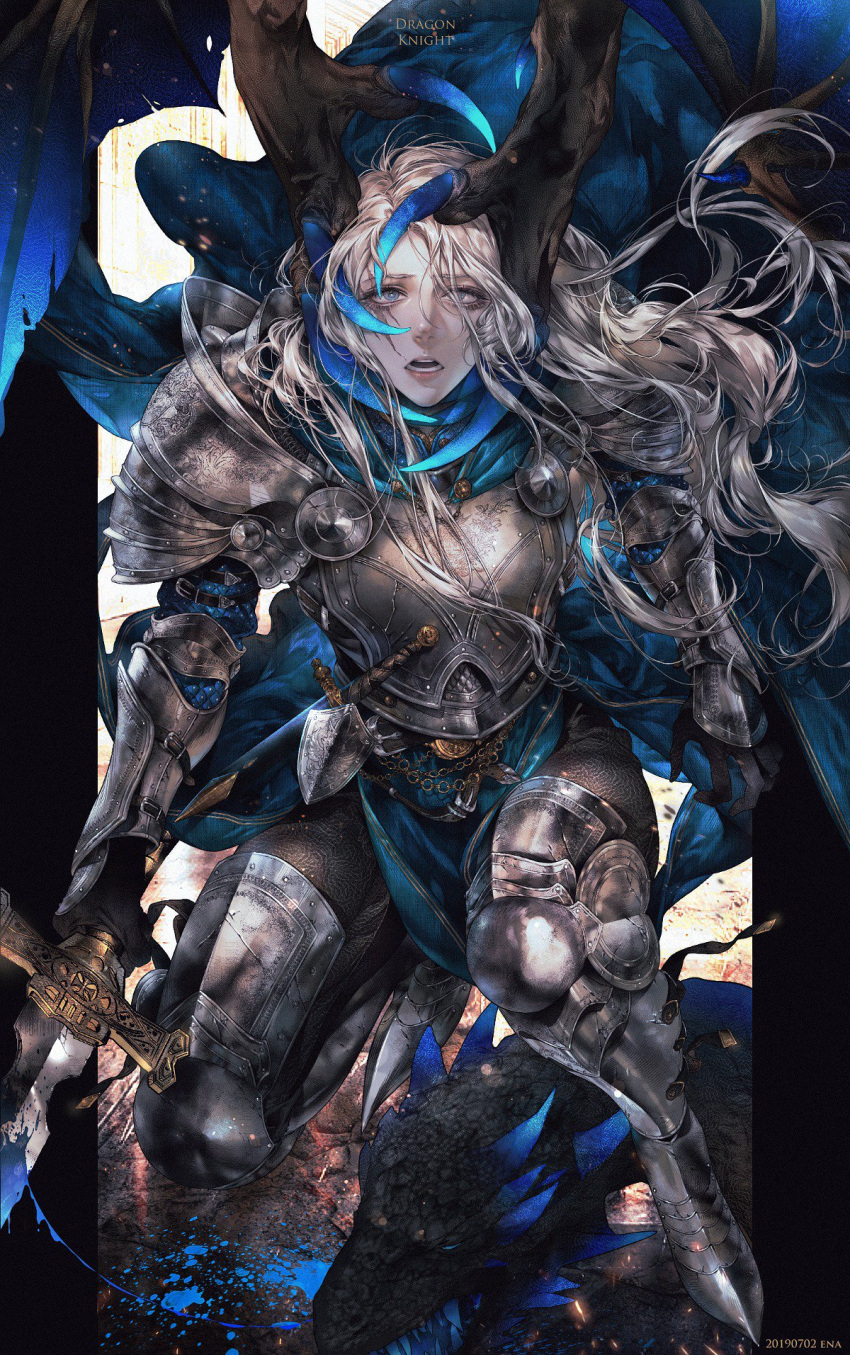 1girl armor belt belt_buckle black_gloves blood blood_splatter blood_trail bloody_weapon blue_blood blue_cape blue_eyes breastplate buckle cape chain claws crack dagger dragon dripping emblem enaa english_text gloves gradient greaves grey_hair highres holding holding_sword holding_weapon kneeling open_mouth original pauldrons scabbard scar scar_across_eye scratches sheath shield shiny silver_hair solo sword teeth torn_wings weapon wings