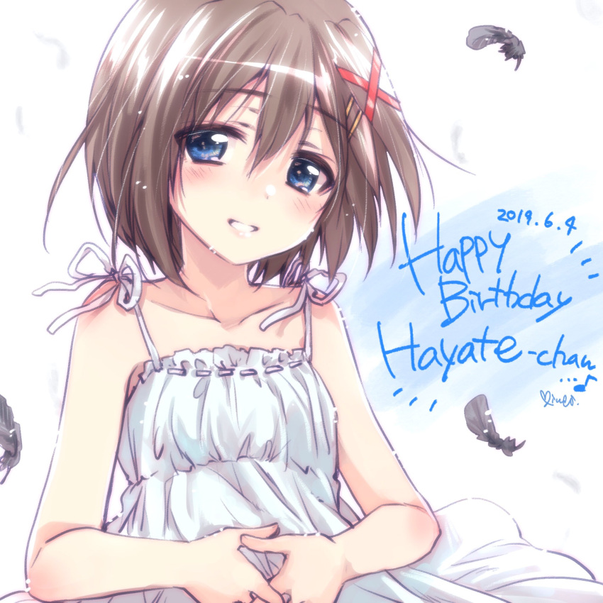 1girl black_feathers blue_eyes blush brown_hair character_name commentary dated dress english_text eyebrows_visible_through_hair hair_ornament happy_birthday head_tilt highres kuroi_mimei lips looking_at_viewer lyrical_nanoha mahou_shoujo_lyrical_nanoha mahou_shoujo_lyrical_nanoha_a's medium_dress notice_lines parted_lips short_hair smile solo sundress upper_body wind wind_lift x_hair_ornament yagami_hayate