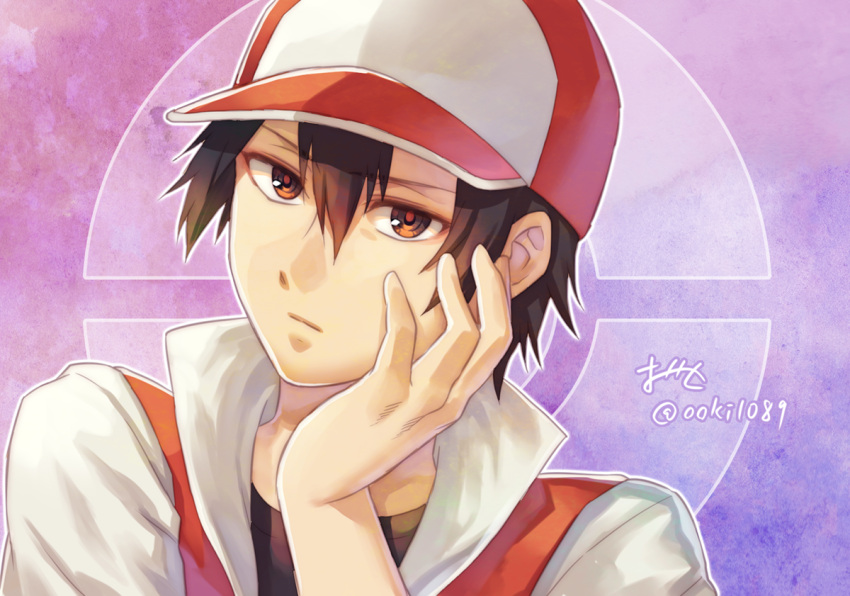 1boy baseball_cap black_hair black_shirt brown_eyes closed_mouth hair_between_eyes hat head_rest looking_at_viewer male_focus ooki1089 pokemon pokemon_(game) pokemon_rgby red_(pokemon) shirt short_hair solo twitter_username