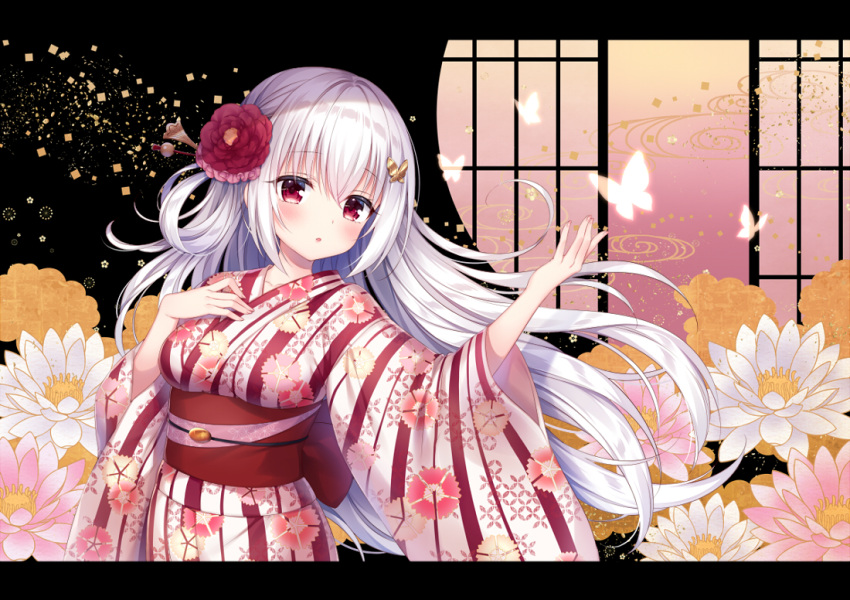 1girl :o bangs blush breasts bug butterfly butterfly_hair_ornament commentary_request eyebrows_visible_through_hair fingernails floating_hair floral_print flower hair_between_eyes hair_flower hair_ornament hand_on_own_chest hand_up insect japanese_clothes kimono letterboxed long_hair long_sleeves medium_breasts mitsuba_choco obi original parted_lips pink_flower print_kimono red_eyes red_flower sash silver_hair solo striped upper_body vertical-striped_kimono vertical_stripes very_long_hair white_flower wide_sleeves