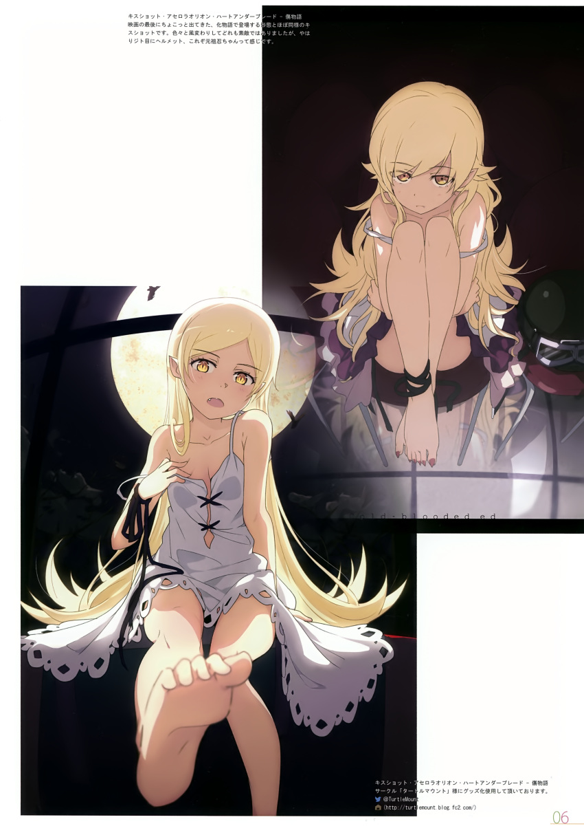 1girl absurdres bare_shoulders barefoot blush breasts dress fang feet fetal_position full_moon highres kiss-shot_acerola-orion_heart-under-blade kizumonogatari long_hair looking_at_viewer monogatari_(series) moon night ogipote open_mouth pointy_ears red_nails scan sitting sleeveless sleeveless_dress small_breasts soles solo strap_slip vampire very_long_hair white_dress yellow_eyes