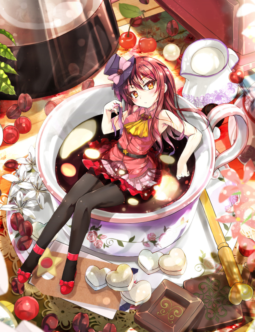 1girl ascot bare_arms bare_shoulders black_legwear bow breasts brown_eyes cafe-chan_to_break_time cafe_(cafe-chan_to_break_time) cherry chocolate coffee coffee_beans coffee_pot collared_shirt commentary_request cup fingernails food fruit gradient_hair hand_up head_tilt heart highres in_container in_cup long_hair looking_at_viewer minigirl multicolored_hair nail_polish pantyhose pink_hair pink_nails pink_shirt pleated_skirt porurin purple_skirt red_bow red_footwear redhead saucer shirt shoes skirt sleeveless sleeveless_shirt small_breasts solo star yellow_neckwear