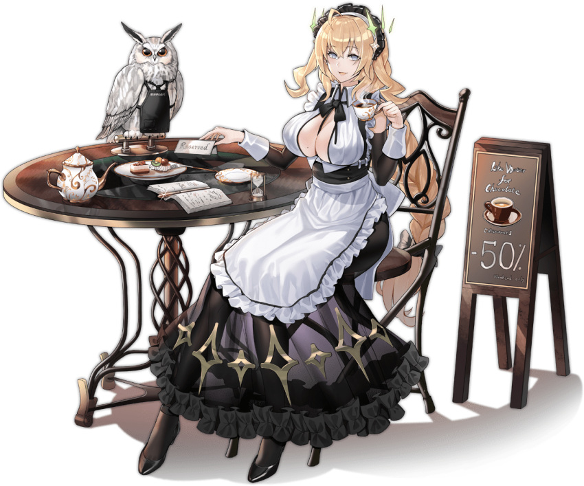 1girl :d ahoge apron ark_order artist_request back_bow bangs bare_shoulders bird black_apron black_dress black_footwear black_legwear black_neckwear blonde_hair book bow braid braided_ponytail breasts cake chair coffee_cup collared_dress cup detached_sleeves disposable_cup dress food fork frilled_apron frilled_dress frills full_body gefjun_(ark_order) grey_eyes high_heels holding holding_cup hourglass large_breasts long_hair long_sleeves looking_at_viewer maid maid_headdress menu_board mole mole_on_breast neck_ribbon official_art open_book owl pantyhose plate reservation_plate ribbon see-through_dress shadow shoes sideboob sleeve_cuffs smile solo table tachi-e transparent_background very_long_hair waist_apron white_apron white_bow