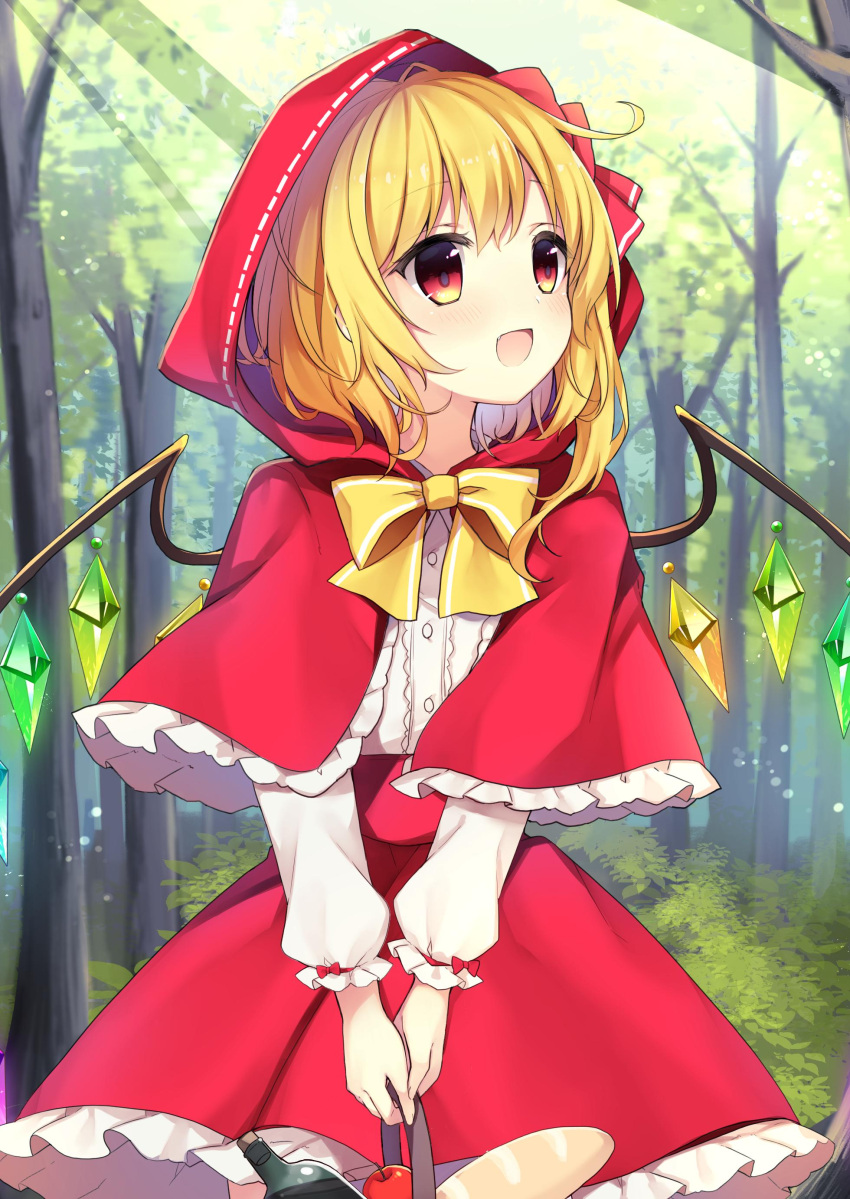 1girl absurdres apple basket blonde_hair blush bottle bow cape commentary crystal cute day eyebrows_visible_through_hair fairy_tales fang flandre_scarlet food forest frilled_cape frilled_skirt frilled_sleeves frills fruit highres holding hood light_rays little_red_riding_hood little_red_riding_hood_(cosplay) little_red_riding_hood_(grimm) little_red_riding_hood_(grimm)_(cosplay) long_sleeves moe nature open_mouth outdoors red_bow red_cape red_eyes red_hood red_skirt ribbon ribbon-trimmed_hood ribbon-trimmed_sleeves ribbon_trim ruhika shirt short_hair skirt smile solo sunbeam sunlight team_shanghai_alice touhou tree vampire white_shirt wings yellow_bow yellow_neckwear