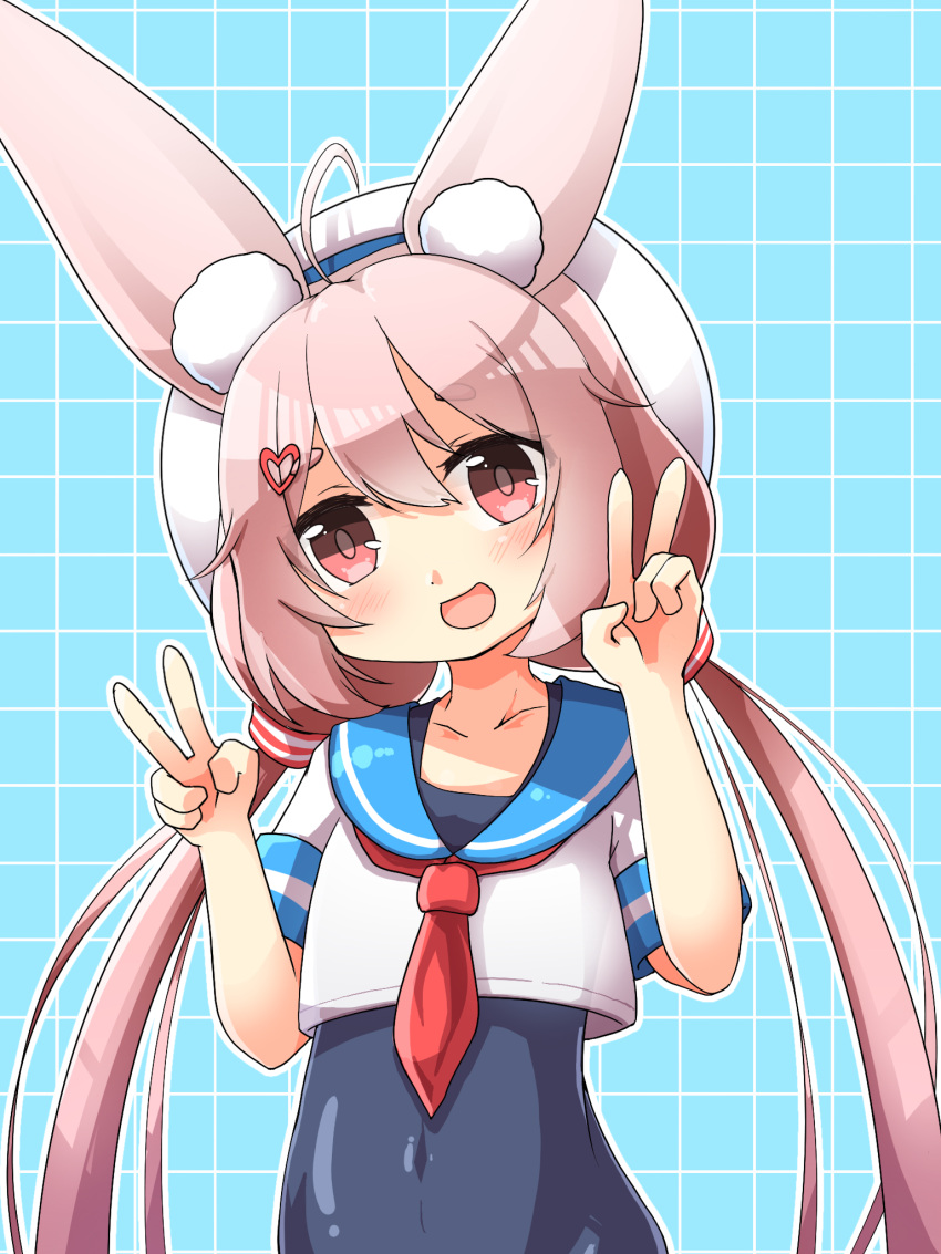 1girl ahoge animal_ear_fluff animal_ears arms_up commentary_request covered_navel crop_top double_v hair_ornament hairclip hat highres long_hair low_twintails one-piece_swimsuit open_mouth pink_eyes pink_hair rabbit_ears school_swimsuit school_uniform serafuku shirt smile solo swimsuit tomari_mari tomari_mari_channel twintails upper_body v very_long_hair virtual_youtuber white_headwear white_shirt
