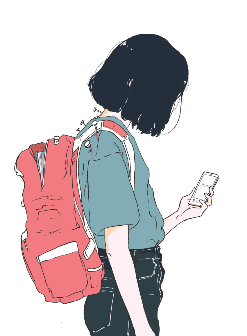 1girl absurdres aqua_shirt arm_at_side backpack bag black_hair black_pants blood commentary cowboy_shot elliemaplefox english_commentary flat_color from_side highres holding looking_at_phone medium_sleeves nail original pants phone shirt simple_background solo standing white_background