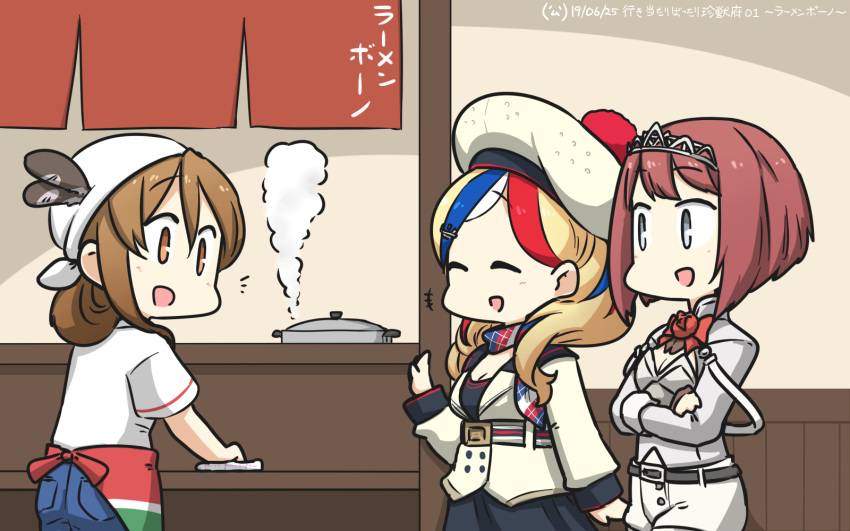 3girls alternate_costume alternate_hairstyle ark_royal_(kantai_collection) bandana belt beret blonde_hair blue_eyes blue_hair blue_pants brown_eyes brown_hair closed_eyes commandant_teste_(kantai_collection) commentary corset crown denim eyebrows_visible_through_hair flower french_flag hair_between_eyes hairband hamu_koutarou hat highres jacket jeans kantai_collection littorio_(kantai_collection) long_hair long_sleeves looking_at_another looking_at_viewer multicolored multicolored_clothes multicolored_hair multicolored_scarf multiple_girls open_mouth pants pom_pom_(clothes) ponytail red_flower red_ribbon red_rose redhead ribbon rose scarf shirt short_hair short_sleeves shorts smile streaked_hair tiara wavy_hair white_hair white_legwear white_shirt white_shorts