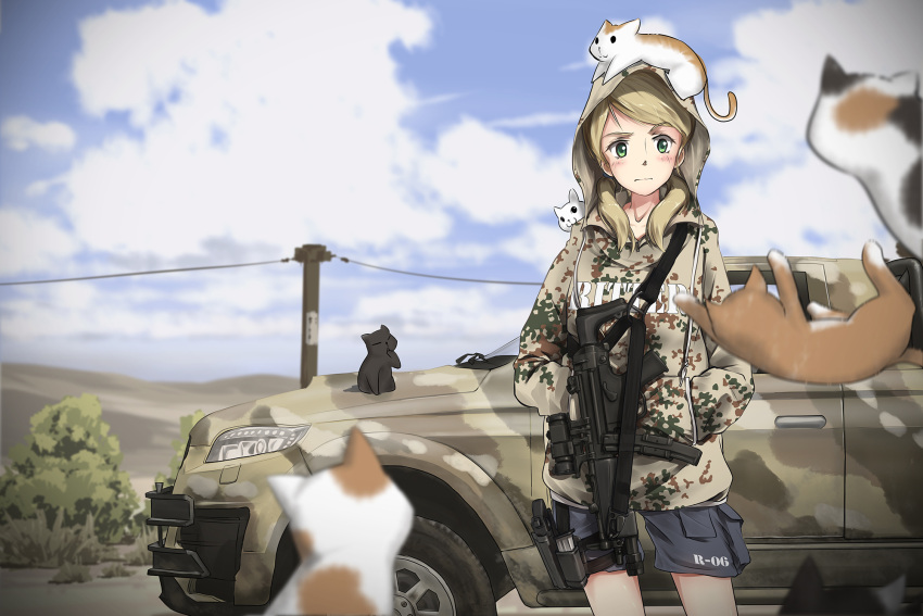 1girl :3 animal animal_on_head blonde_hair blurry_foreground camouflage car cat cat_on_head green_eyes ground_vehicle gun h&amp;k_mp5 hands_in_pockets highres hood hood_up hoodie motor_vehicle on_head original outdoors shorts sky submachine_gun tantu_(tc1995) too_many too_many_cats twintails weapon