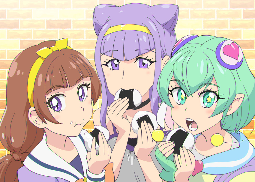 3girls amanogawa_kirara brown_hair eating eyebrows_visible_through_hair fingerless_gloves food food_on_face gloves go!_princess_precure green_eyes green_gloves green_hair hagoromo_lala hair_cones hairband highres holding holding_food hugtto!_precure long_hair looking_at_viewer multiple_girls noble_academy_school_uniform onigiri open_mouth pointy_ears precure purple_hair rice rice_on_face ruru_amour school_uniform serafuku short_hair single_glove star_(symbol) star_in_eye star_twinkle_precure symbol_in_eye ueyama_michirou violet_eyes yellow_hairband