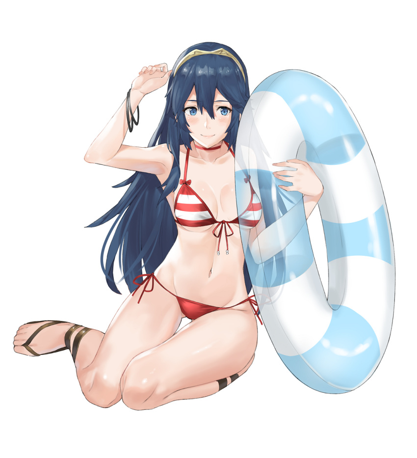 1girl bikini blue_eyes blue_hair cute fire_emblem fire_emblem:_kakusei fire_emblem_13 fire_emblem_awakening fire_emblem_heroes full_body highres innertube intelligent_systems j@ck looking_at_viewer lucina navel nintendo sandals simple_background smile solo striped_bikini striped_bikini_top striped_swimsuit summer super_smash_bros. swimsuit tiara white_background