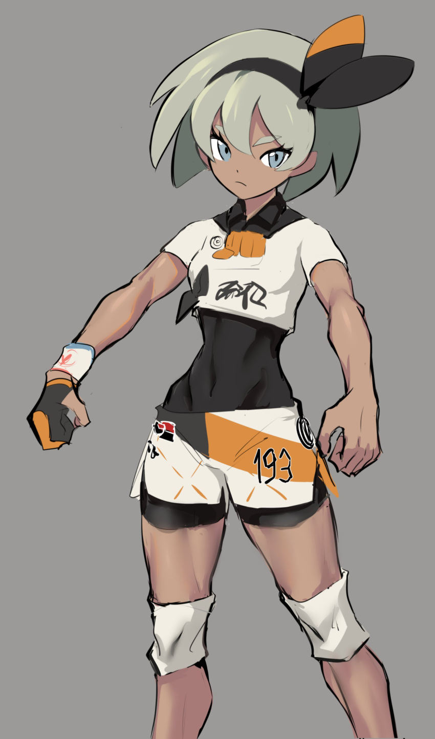 1girl abs absurdres barefoot bodysuit breasts covered_navel dark_skin gloves grey_eyes grey_hair hairband highres looking_at_viewer pokemon pokemon_(game) pokemon_swsh ribbon saitou_(pokemon) shirt short_hair short_sleeves shorts solo sweat ulrich_(tagaragakuin) white_shirt wristband