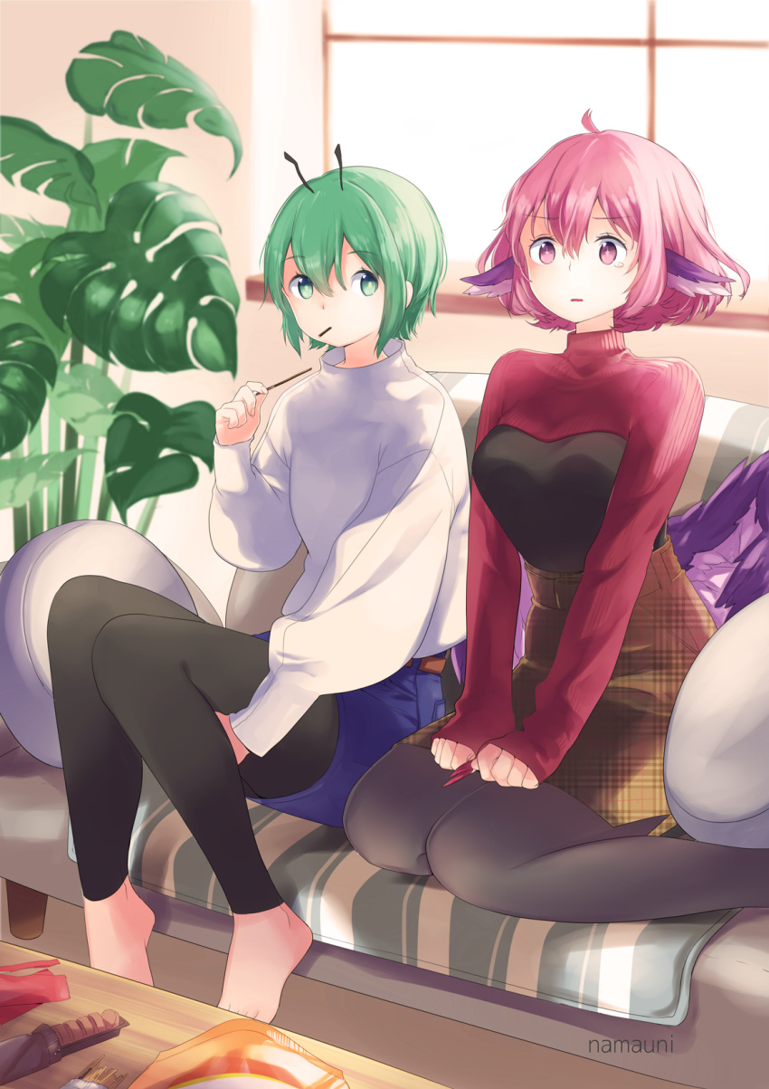 2girls ahoge alternate_costume antennae artist_name bangs barefoot black_legwear black_pants blue_skirt brown_skirt casual commentary_request contemporary couch eyebrows_visible_through_hair green_eyes green_hair hair_between_eyes head_wings highres holding indoors leggings long_sleeves looking_at_viewer mouth_hold multiple_girls mystia_lorelei namauni no_hat no_headwear pants pantyhose parted_lips pillow pink_eyes pink_hair plaid plaid_skirt plant puffy_sleeves red_sweater short_hair sitting skirt sweater table tears touhou turtleneck turtleneck_sweater unmoving_pattern wariza white_sweater window wriggle_nightbug