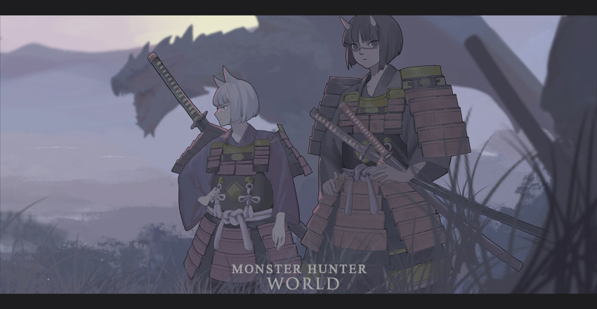 2girls animal_ears armor black_hair blurry blurry_background bob_cut commentary hand_on_hip hands_on_hips highres japanese_armor katana letterboxed monster monster_hunter monster_hunter:_world multiple_girls oni_horns saya_(scabbard) sheath sheathed short_hair shoulder_armor sode sword weapon white_hair yuzhou_xingshi_bu_li_dong_ni