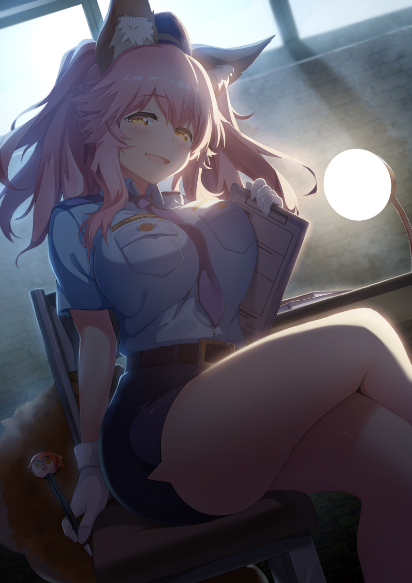 1girl animal_ear_fluff animal_ears belt black_skirt blue_neckwear blue_shirt breasts brown_belt chair desk_lamp fate/grand_order fate_(series) female_service_cap fox_ears fox_girl fox_tail gloves highres holding holding_pencil indoors lamp large_breasts miniskirt necktie pencil pencil_skirt pink_hair police police_uniform policewoman shirt short_sleeves sitting skirt solo subaru_(794829485) tail tamamo_(fate)_(all) tamamo_no_mae_(fate) uniform white_gloves yellow_eyes