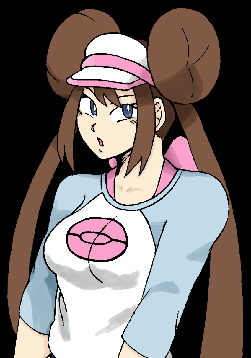 1girl black_background blue_eyes breasts brown_hair charge_sol game_freak hat highres long_hair looking_at_viewer nintendo open_mouth pokemon pokemon_(game) pokemon_bw pokemon_bw2 ribbon self_upload simple_background solo tagme