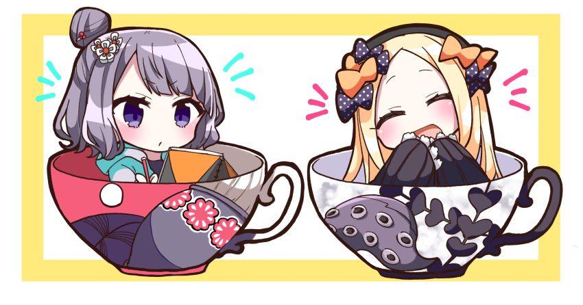 2girls :d ^_^ abigail_williams_(fate/grand_order) bangs black_bow black_dress black_headwear blonde_hair blush bow chibi closed_eyes commentary_request cup dress facing_viewer fate/grand_order fate_(series) grey_jacket hair_bow hair_bun hands_up hat head_tilt highres hood hood_down hooded_jacket in_container in_cup jacket jako_(jakoo21) katsushika_hokusai_(fate/grand_order) long_hair long_sleeves minigirl multiple_girls open_clothes open_jacket open_mouth orange_bow parted_bangs polka_dot polka_dot_bow purple_hair sketchbook sleeves_past_fingers sleeves_past_wrists smile tentacles two-tone_background violet_eyes white_background yellow_background