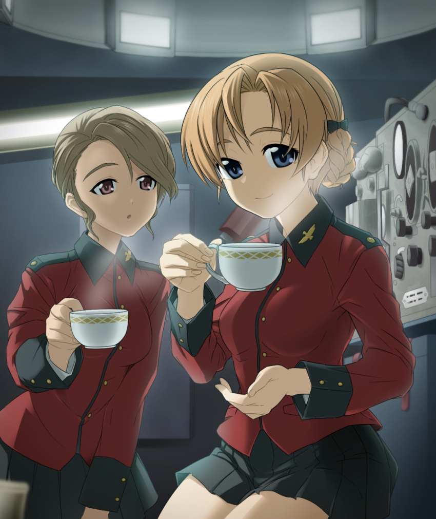 2girls :o bangs black_bow black_skirt blue_eyes bow braid brown_hair closed_mouth commentary cup epaulettes girls_und_panzer hair_bow highres holding holding_cup insignia jacket leaning_forward long_sleeves looking_at_viewer military military_uniform miniskirt multiple_girls orange_hair orange_pekoe original parted_bangs parted_lips pleated_skirt red_eyes red_jacket saitou_gabio short_hair sitting skirt st._gloriana's_military_uniform steam swept_bangs tank_interior teacup tied_hair uniform