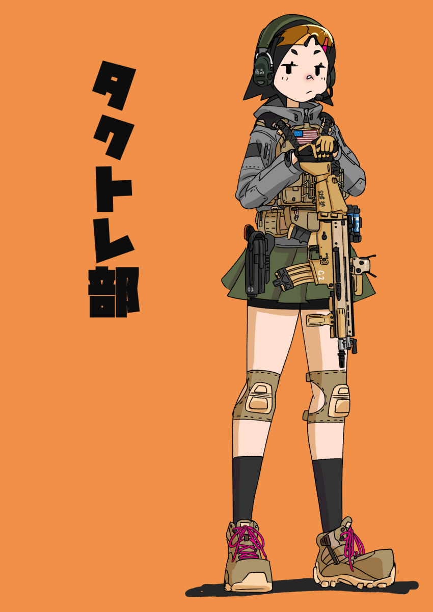 1girl assault_rifle black_hair black_legwear commentary fn_scar full_body gloves gun handgun headset highres holster holstered_weapon hood hoodie jitome knee_pads kneehighs mayoi89g original pistol plate_carrier pleated_skirt rifle shooting_glasses short_hair simple_background skirt translated weapon