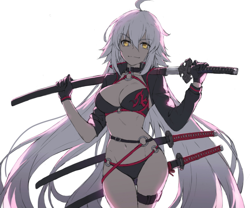 1girl ahoge bangs bikini black_bikini black_choker black_gloves black_jacket breasts choker closed_mouth commentary_request cowboy_shot eyebrows_visible_through_hair fate/grand_order fate_(series) gloves hair_between_eyes highres holding holding_sword holding_weapon jacket jeanne_d'arc_(alter_swimsuit_berserker) jeanne_d'arc_(fate)_(all) katana long_hair long_sleeves looking_at_viewer medium_breasts navel o-ring o-ring_top open_clothes open_jacket over_shoulder simple_background smile solo swimsuit sword thigh_strap tonee very_long_hair weapon weapon_over_shoulder white_background white_hair yellow_eyes