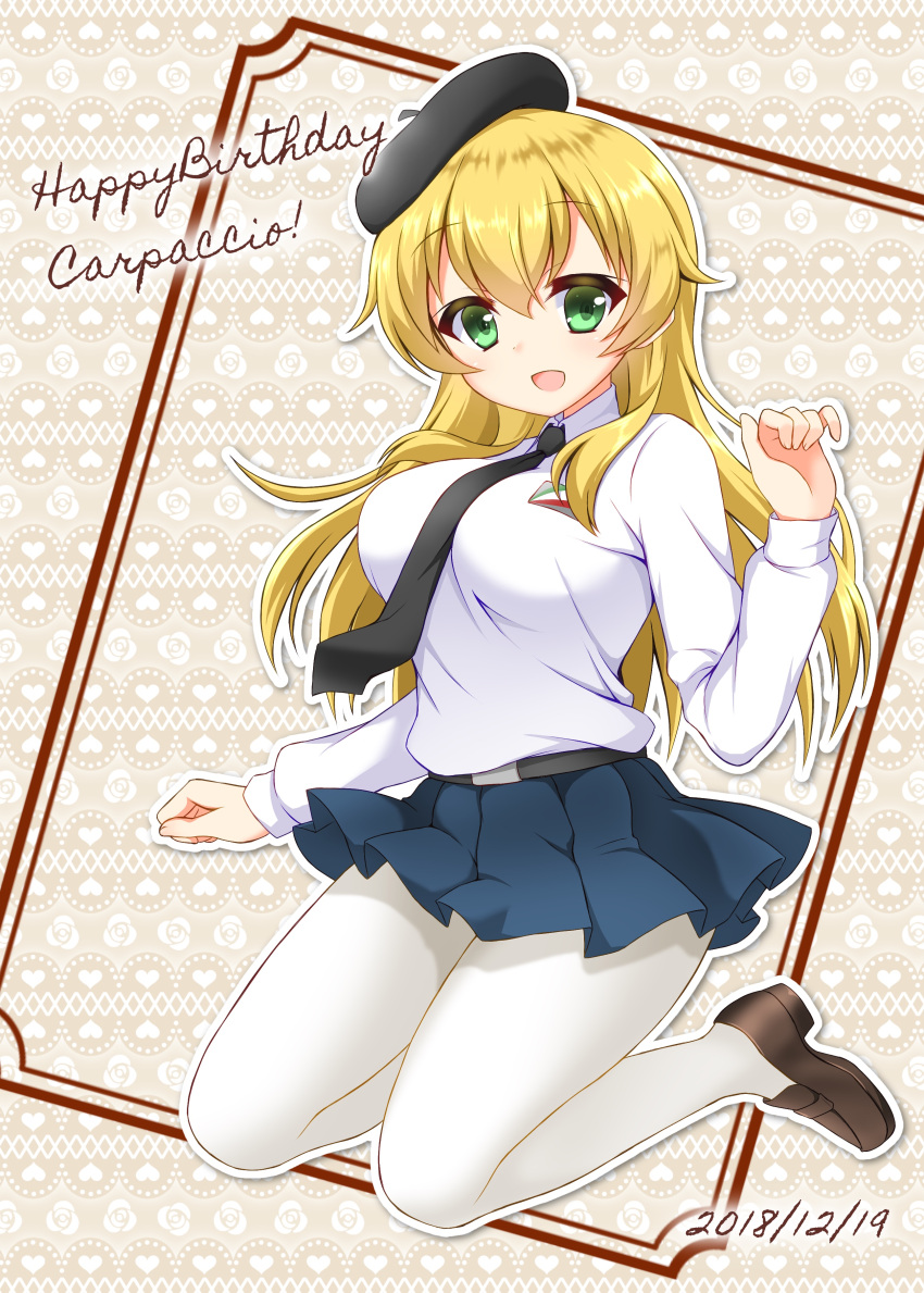 1girl absurdres anzio_school_uniform bangs belt beret black_belt black_footwear black_headwear black_neckwear black_skirt blonde_hair carpaccio character_name commentary cursive dated dress_shirt emblem english_text eyebrows_visible_through_hair floating full_body girls_und_panzer green_eyes happy_birthday hat highres legs legs_up loafers long_hair long_sleeves looking_at_viewer miniskirt necktie open_mouth pantyhose pleated_skirt ryochapu school_uniform shirt shoes skirt smile solo white_legwear white_shirt